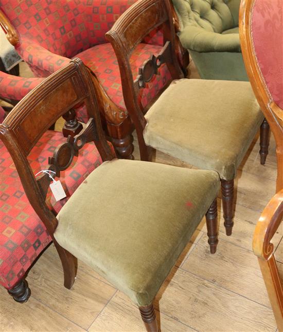A pair of inlaid dining chairs, a Victorian upholstered walnut framed armchair and two French chairs